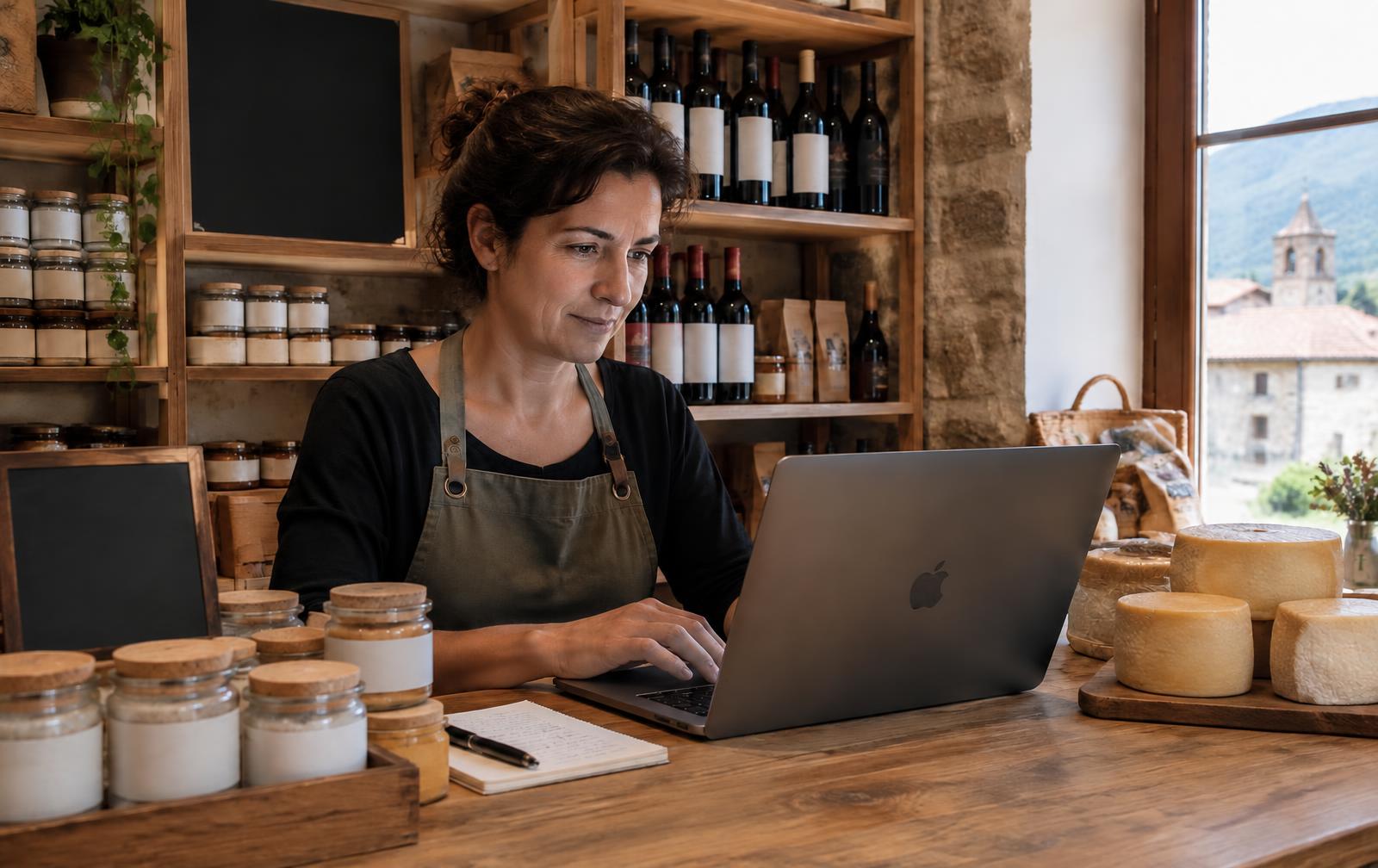 Emprendedora trabajando con su portátil en su tienda